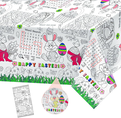 1 Pack Happy Easter Coloring Tablecloth for Kids - Giant Easter Color-In Paper Poster, Rectangle Easter Bunny Activity Coloring Table Cloth for Spring Easter Party Decorations Favors, 54 X 108 Inch