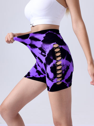 Tie-Dye Side Bow Hollow High Waist Hip  Fitness Yoga Shorts